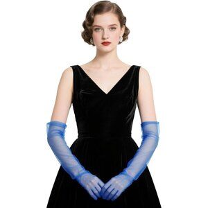 Women's Tulle Dark Blue Long Satin Gloves Evening Elbow Length Party Costumes